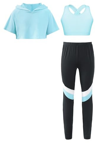 Kvysinly 3 Teilig Trainingsanzug Mädchen Sportanzug Jogginganzug Sport Set Activewear Sportlich Bh Hoodie mit Legging Yoga Fitness Workout Hellblau 158-164