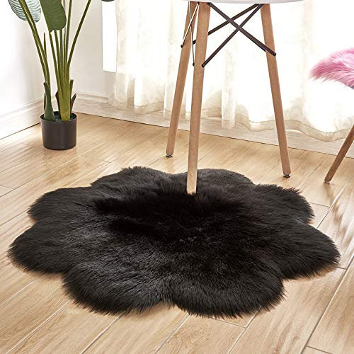 YUGWNN Schwarz Flokati Teppich Waschbar Bettvorleger Fell,Kunstfell Stuhlauflage Dekofell,BlüTendurchmesser 90cm/35,4in