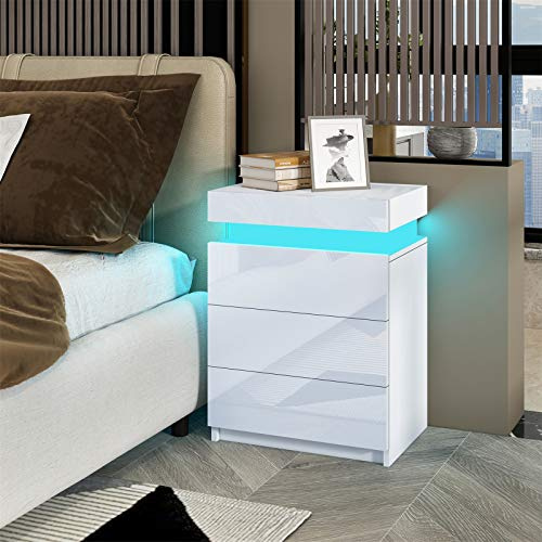 Ikewaier Moderner Hochglanz Nachttisch Schrank Kommode mit 3 Schubladen Schlafzimmer Beistelltisch Nachttisch mit 16 Farben RGB LED Lichter Möbel Dekoration 45x35x67cm (Weiß)