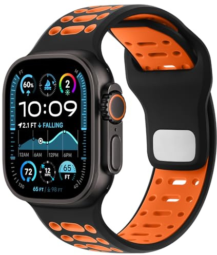 Amizee Bracelet Sport Compatible avec Apple Watch 49/46/45/44/42mm Homme, Bracelet en Respirant Silicone Magnétique pour iWatch Ultra 3/2/1 Series 11 10 9 8 7 6 5 4 SE3/2/1, Noir/Orange