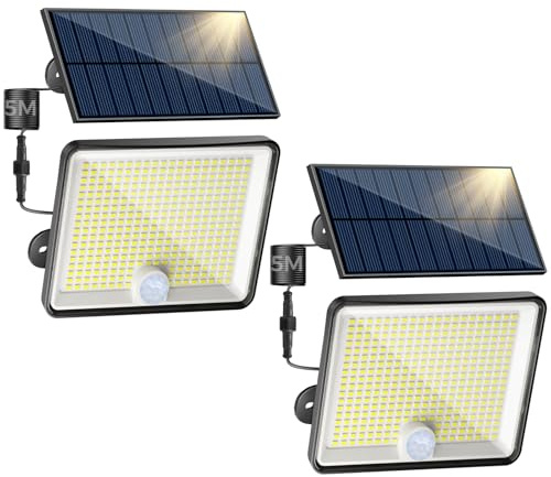 Peasur 2 Stück Solarlampen für Außen mit Bewegungsmelder, 348 LED Solar Strahler Außen, IP65 Wasserdicht Solarleuchten 3 Modi Solarlampe Garten mit 5m Kabel