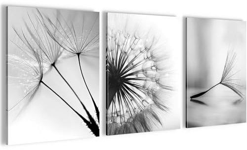Novart Wandbilder Set Pusteblumen - KOMPLETT AUFHÄNGFERTIG - Wohnzimmer Schlafzimmer Flur Deko - 3 Moderne Bilder Schwarz Weiss - N036035a