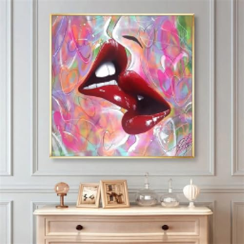 lianyibo Pintura en lienzo con arte motivacional de boca sonriente, póster impreso con labios rojos y dientes blancos, cuadro de pared de amante del beso, decoración del hogar 45 x 45 cm sin marco