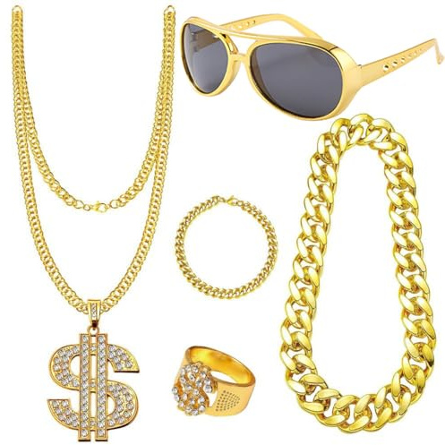 Zwenjuan Zuhälter Kostüm,5 Stück 90er 80er Jahre Outfit Herren Rapper Accessoires, Hip Hop Kostüm Gangster Goldkette Ringe Sonnenbrille Goldring Hippie Zuhälter Set für Karneval,Fasching,Mottoparty