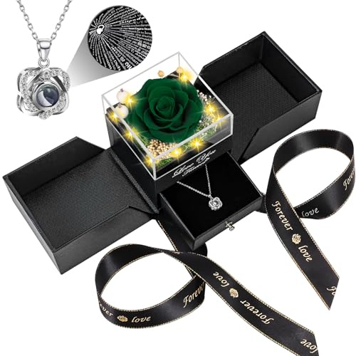 Lebana Preserved Real Green Rose Birthday Gifts for Women Wife Her Mum Girlfriend Girl Grandma with I Love You Heart Necklace Eternal Rose Flowers on Anniversary Valentine's Day Mothers Day Christmas