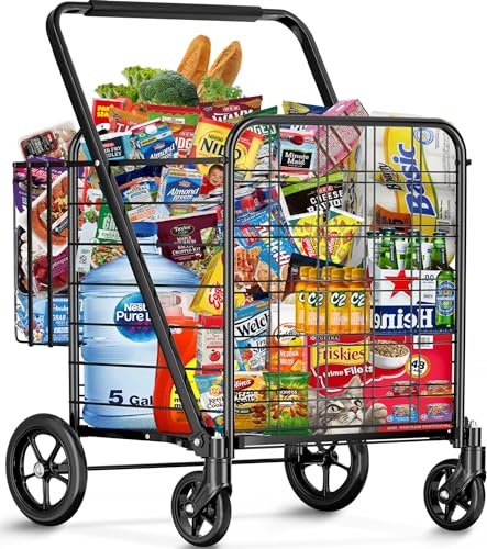 Flovel Carro de la Compra Plegable Jumbo - Capacidad 210 kg - Carrito de la Compra Heavy Duty con 4 Ruedas Giratorias 360° y Doble Cesta - Carrito Compra Plegable para Transportar Alimentos, Equipaje