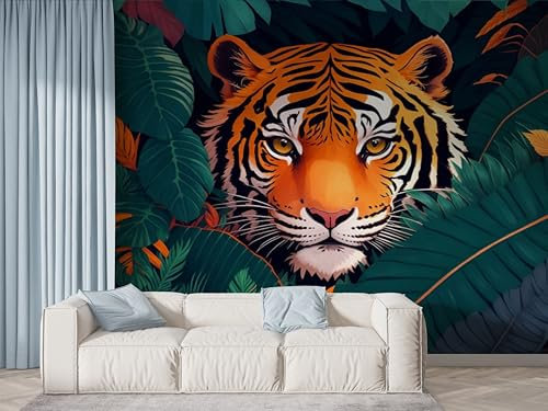 Boceoey Papier Peint Panoramique Tigre Animal Sauvage 3D - Motif Jungle Faune - Décoration Murale pour Salon & Chambre, Intissé Autocollant Papier Mural, 450x315 cm N-134