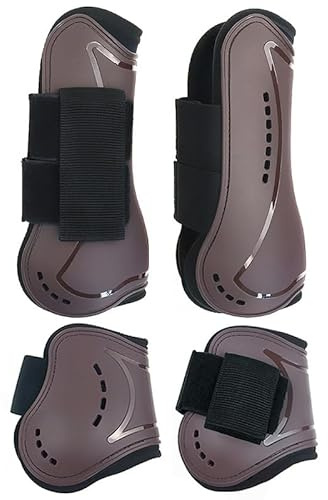 Merauno® Set von 4 Gaiters, Klassische, robuste PU Hard Shell mit elastischen Haken- und Schleifenverschlussgurten, Tendonstiefel, atmungsaktive Löcher zum Springen, Reiten, Events (S, Braun)