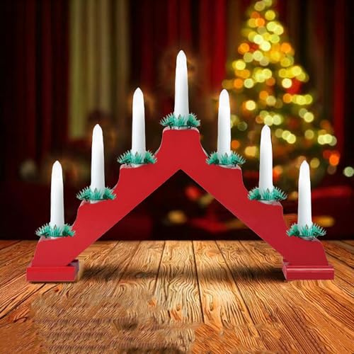 Just for Christmas Candle Bridge - Wooden Arch Christmas Lights Battery Operated with 7 White Warm LED | Perfect for Indoor Christmas Decorations, Family Events and Birthdays (Red Color)