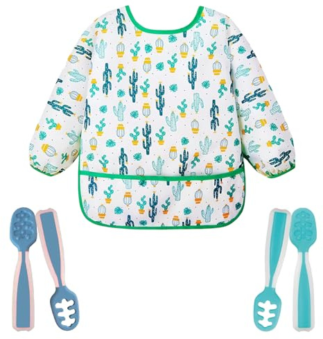 Cucharas Bebe Aprendizaje + Babero con Mangas Impermeable - Precucharas Bebe Blw para Primeros Alimentos, Cuchara Silicona Bebé, Cubiertos, Alimentacion Complementaria, Baby Led Weaning