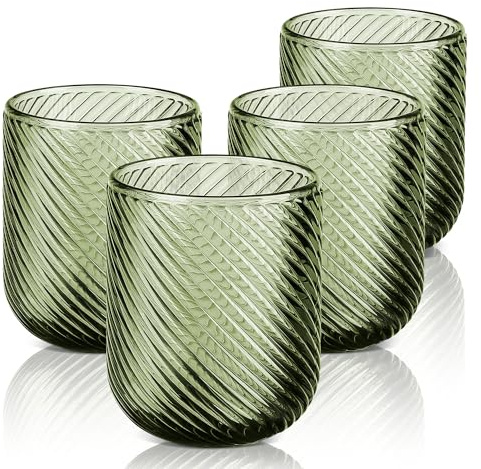 Joeyan Trinkgläser Set Bunt, 260ml Grün Vintage Gläser Set 4 Teilig, Wassergläser mit Moderne Geripptes Relief Design, Farbige Saftgläser trinkgeschirr für Cocktail,Bier,Tee,Wein, Spülmaschinenfest