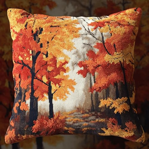 XDEGHUANGSS Juego de cojines de nudos, 43 x 43 cm, kit de manualidades con hilo colorido y gancho para decoración creativa del hogar, bosque de otoño