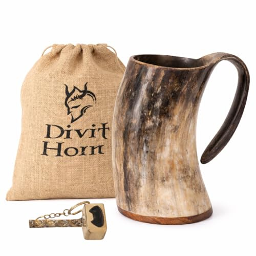 Divit - Tazza in corno vichingo con apribottiglie, autentica boccale medievale in corno di birra, sacco regalo in iuta incluso, capacità 680 ml, tazza naturale, semi lucidata