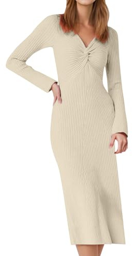 Vestido de suéter para mujer de punto de color sólido con cuello en V cruzado Vestidos Slim Fit y Skinny Suéter de mujer de manga larga de ocio Suéteres de invierno Confort y cálido Vestidos elegantes