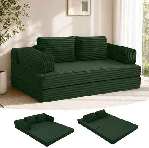 MeMoreCool Cord Schlafsofa Klappbares Bodensofa 3-in-1 mit Kissen Grün | Bequemes Schlafsofa mit Kissen und Schlaffunktion, Ideal als Lounge Sofa für Schlafzimmer, Wohnzimmer und Kleine Räume