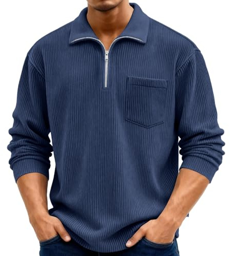 Generisch Herren Vintage Cord Langarmshirt Halb-Reißverschluss Sweatshirts mit Brusttasche Lässige Langen Ärmeln Tshirt Bequeme Stehkragen Oberteile Lockere Longsleeve Tops