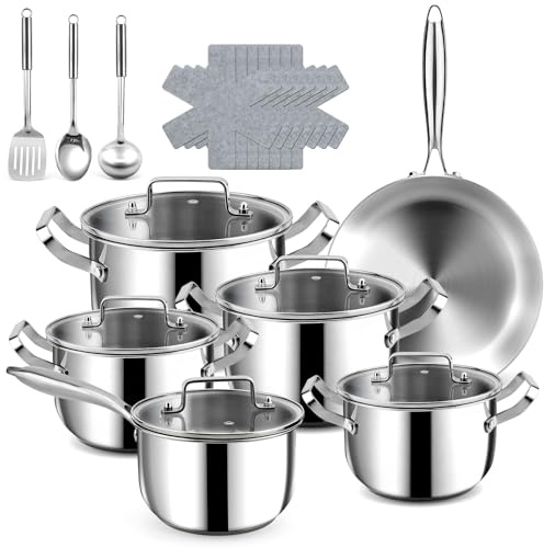 Batterie de Cuisine - 21 pièces Casseroles et Poêles en Acier Inoxydable, Poêle 30 CM, Sauteuse 18 CM, Casseroles 18/20/22/26 CM – Tous feux compatibles