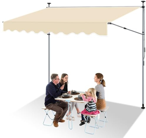 ISOISL Toldo de sujeción de 400 cm de ancho, protección solar para balcón, sin agujeros, altura ajustable 214 – 305 cm, toldo extensible hasta 150 cm, de poliéster de 180 g/m², UV50+, beige