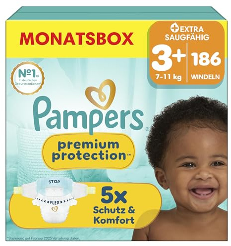 Pampers Premium Protection Größe 3+, 186 Windeln, 7kg-11kg | unser Nr. 1 Haut- und Auslaufschutz