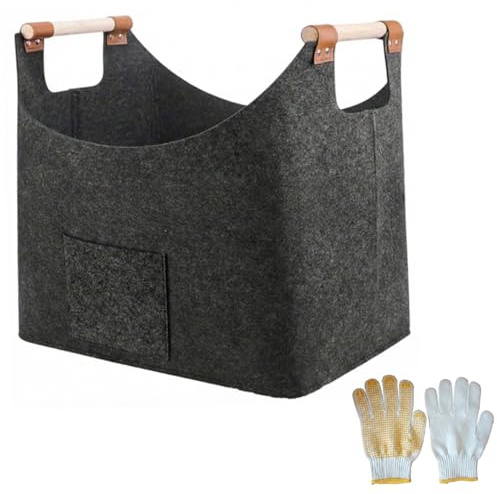 Portalegna per legna da ardere, Cestino per legna da ardere, Portalegna in feltro extra spesso con manico in legno e guanti per campeggio, barbecue per barbecue, 23, 6x15, 7x15, 7 pollici, pe