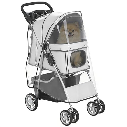 PawHut Passeggino per Cani Pieghevole, Carrozzina per Animali con Copertura Antipioggia, Catarifrangenti, Ruote Girevoli a 360°, Freni e Cuscino Lavabile, Grigio