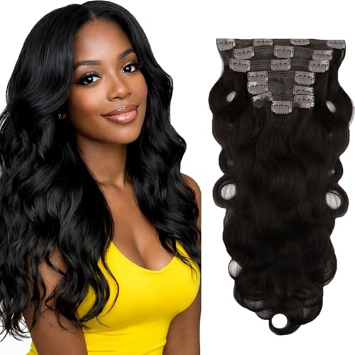 Jucames Body Wave Clip in Extensions Echthaar Haarverlängerung Remy Human Hair Menschenhaar Echthaar Extension Clips #1B Natural Black 120g 7Pcs Per Pack for Woman 14 Inch
