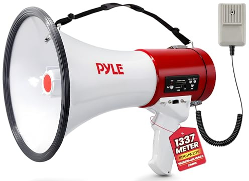 Pyle 50W Megaphone Bullhorn with Siren & Detachable Microphone - Portable Lightweight Design, Rechargeable Battery, 1600 Yards, Ideal for Police, Cheerleading & Outdoor Events, White