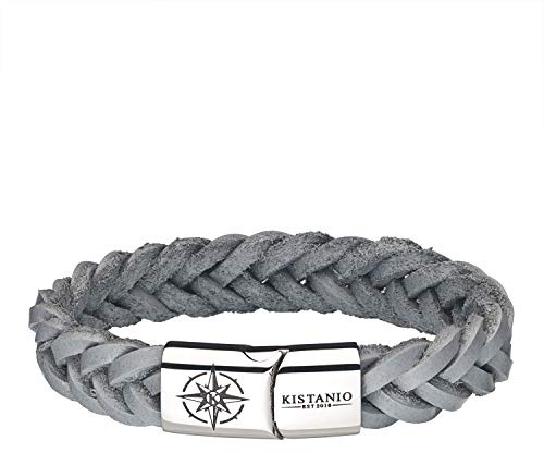 Kistanio Männer Armband in 4 Größen & Farben - Lederarmband Geflochten mit Kompass Gravur und Magnetverschluss aus Edelstahl - 19 cm-22 cm - Schwarz oder Grau