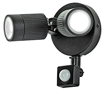 Luceco Outdoor Twin Integrated LED Wall Light with PIR Motion Sensor, Decorative Exterior Adjustable Spotlights for Porches, Driveways and Gardens, Black, IP65, 10W, 720lm, 4000K, LEXWT7B40P