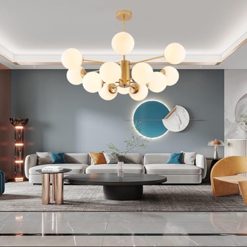 Moderne Kupfer Pendelleuchte Glaskugel Kronleuchter Sphärisch Hängelampe Glas Ball Lampenschirm Hängeleuchte Wohnzimmer Schlafzimmer Bar Deckenleuchte Lüster Lampe Leuchte(Gold),Ø92CM/6+6heads