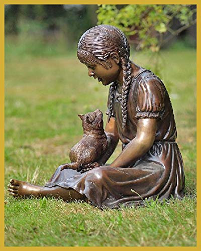 IDYL Bronze-Skulptur Mädchen mit Katze | 62x45x55 cm | Kinderfigur aus Bronze handgefertigt | Gartenskulptur oder Wohnbereich-Dekoration | Hochwertiges Kunsthandwerk |Wetterfest