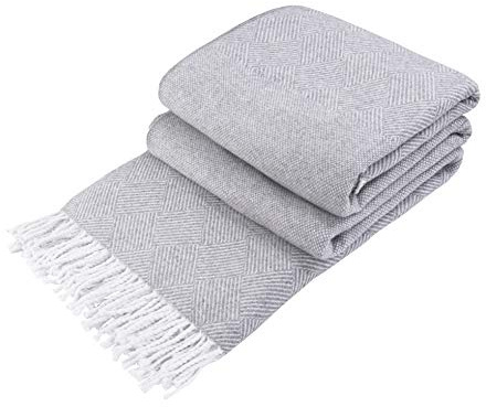 LYHome Bomullsfilt - Pläd med Fransar: Bomull Filt Perfekt för Soffa, Säng, Vardagsrum, Sovrum, för Dekoration och Som Gåva. Tät, Mysig och Tung Pläd (140 cm x 200 cm/Ljusgrå med Vitt)