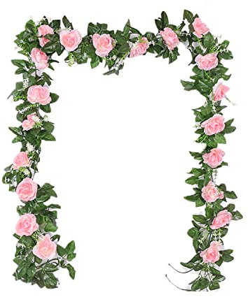 GWAWG 2 Stück Rosarot Künstliche Rosen Girlande 2,2m Blumengirlande Rosen Rebe Seidenblumen Hängend Kunstblumen Deko Gefälschte Blumen mit grünen Blättern für Hochzeit, Party, Haus, Garten Dekoration