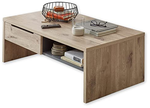 Stella Trading BELLANO Couchtisch in Viking Eiche Optik, Graphit - Moderner Sofatisch mit Schubladen und Ablage für Ihren Wohnbereich - 110 x 40 x 65 cm (B/H/T) | Wohnzimmertisch mit 2 Schubladen und Ablageboden, Viking Eiche Optik und Graphit, 110 x 40 x 65 cm (B/H/T)