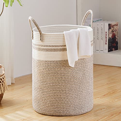 Large Laundry Basket, High Woven Storage Basket for Blankets, Cotton Basket for Baby Room, for Organizing Toys and Dirty Clothes in Bedroom and Living Room, 58L, Brown and White