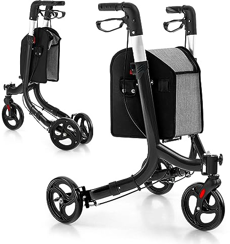 GYMAX Rollator Walkers, Foldable 3 Wheel Medical Walking Aid with Adjustable Handle, Large Shopping Bag and Lockable Brakes, Lightweight Walking Frame for Seniors & Disabled (Black)
