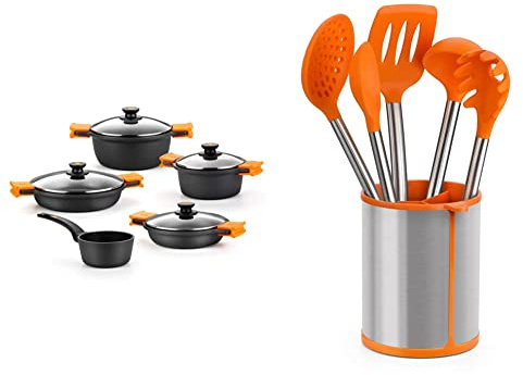 BRA Efficient - Batería 5 piezas, de aluminio fundido con antiadherente, apta ] & Efficient Conjunto De 5 Utensilios De Cocina Y Carrusel, Acero INOX, Nailon y Silicona, Naranja