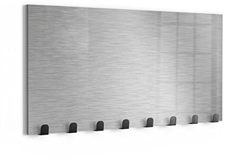 DEQORI Wandgarderobe Glas & Metall | Motiv Gebürsteter Stahl | 60x30 cm | Design Haken-Leiste modern | Garderoben-Paneel für Flur, Wohnzimmer & Schlafzimmer | magnetisch & beschreibbar