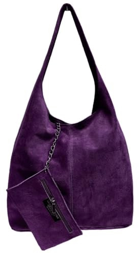 Modarno Umhängetasche Damen Wildleder Clutch Umhängetasche Shopper Damen Echt Leder, violett, 34 cm