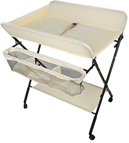 Wickeltisch Wickeltisch Klapptisch Wickeltisch mit Aufbewahrungskorb Sicherheitsgurt und 4 Rollen mit Bremse Höhenverstellbar Giraffe (Beige)