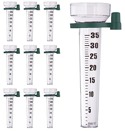 Relaxdays Lot de 10 pluviomètres, Fixation, Accessoire de Mesure pour Jardin, 35 mm/m², Plastique, Transparent - Vert
