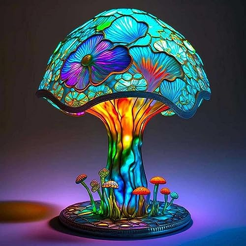Rehenbsem Painting Mushroom Table Lamp, 7.9Inch New Stained Glass Plant Night Light,Bohemian Resin Mushroom Decorative Bedside Lamp for Bedroom Living Room Home Office Decor Gift (M)