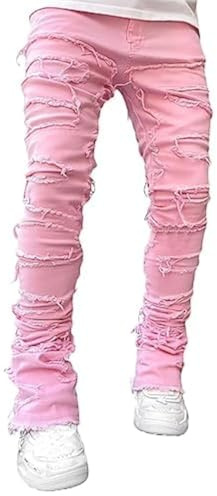 Stacked Jeans Men Skinny Ripped Jeans Slim Fit Patchwork Denim Pants Y2K Goth Harajuku Emo Hip Hop Trouser Pink