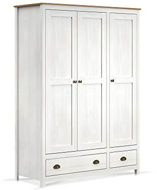 moebel-eins TRICO Kleiderschrank/Drehtürenschrank, Material Massivholz, Kiefer Weiss/eichefarbig, 3-türig