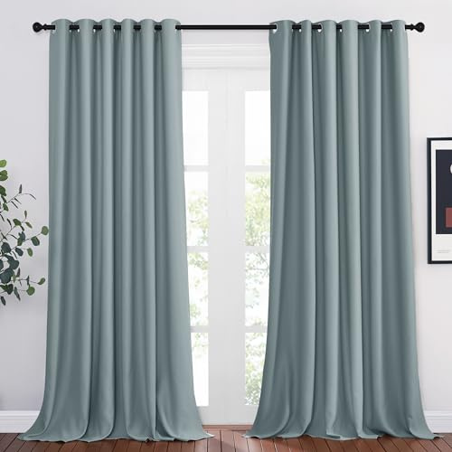 PONY DANCE Thermogardine Wärmeisolierend Extra Breite Vorhänge Wohnzimmer | 2er Set, H245 x B200cm, Graublau, Blickdichte Gardinen, Hitzeschutz, Sichtschutz, Ösenschal, für Schlafzimmer Kinderzimmer