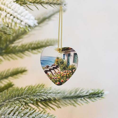 Blumen in der Nähe des Hauses, griechisches Meer, Weihnachtsschmuck, Weihnachtsbaum, Keramik, zum Aufhängen, mit goldfarbenem Band, Herzform, Ornament, Porzellan, Weihnachtsbaumschmuck