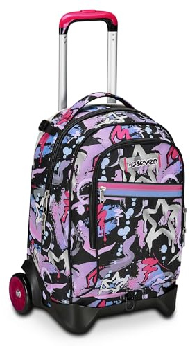 SEVEN Jack 2 Wheels School Trolley - Black Fuchsia, Mark On Girl, 3 in 1, Triple Use, Backpack with Detachable Trolley, Bottle Pocket and Crossover System, Travel School Backpack, Girl, Black, Taglia