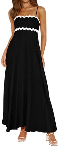 PRETTYGARDEN Womens Spaghetti Strap Maxi Dresses 2026 Summer Casual Sleeveless Smocked Boho A Line Long Flowy Beach Sundress(Black,Medium)