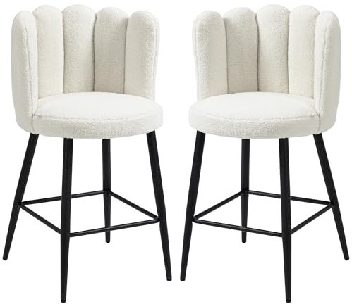 HOMCOM Barstolar, set med 2, höga stolar, tyg med lockig ulleffekt, stålstruktur, höjd 65 cm, med ryggstöd och fotstöd, enkel montering, högt kökssäte, krämsvart