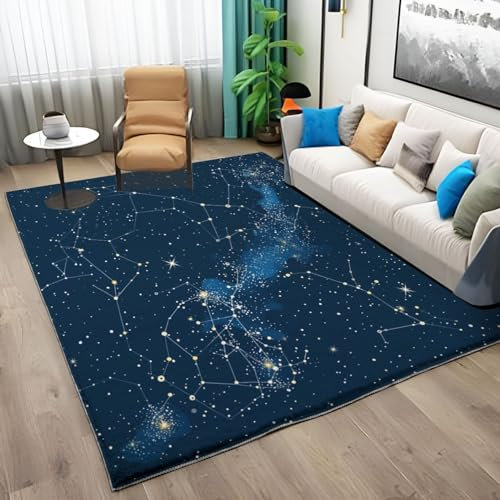 Navy Blau Waschbarer Rutschfester Teppich 180 x 240 cm, Galaxie Sternbild Kurzflor Teppich Bodenläufer für Flur Eingangsbereich Wohnzimmer und Hochfrequentierte Bereiche